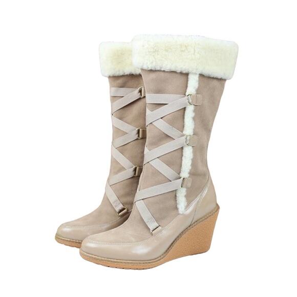 Cole Haan Nike Air Michelle Knit Boots Wedge Heel Cafe Au Lait Suede Cream Pink - Picture 1 of 7
